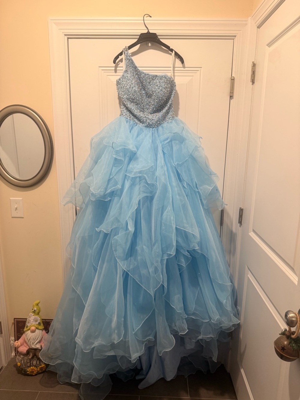 One-Shoulder Light Blue Beaded Prom Ball Gown